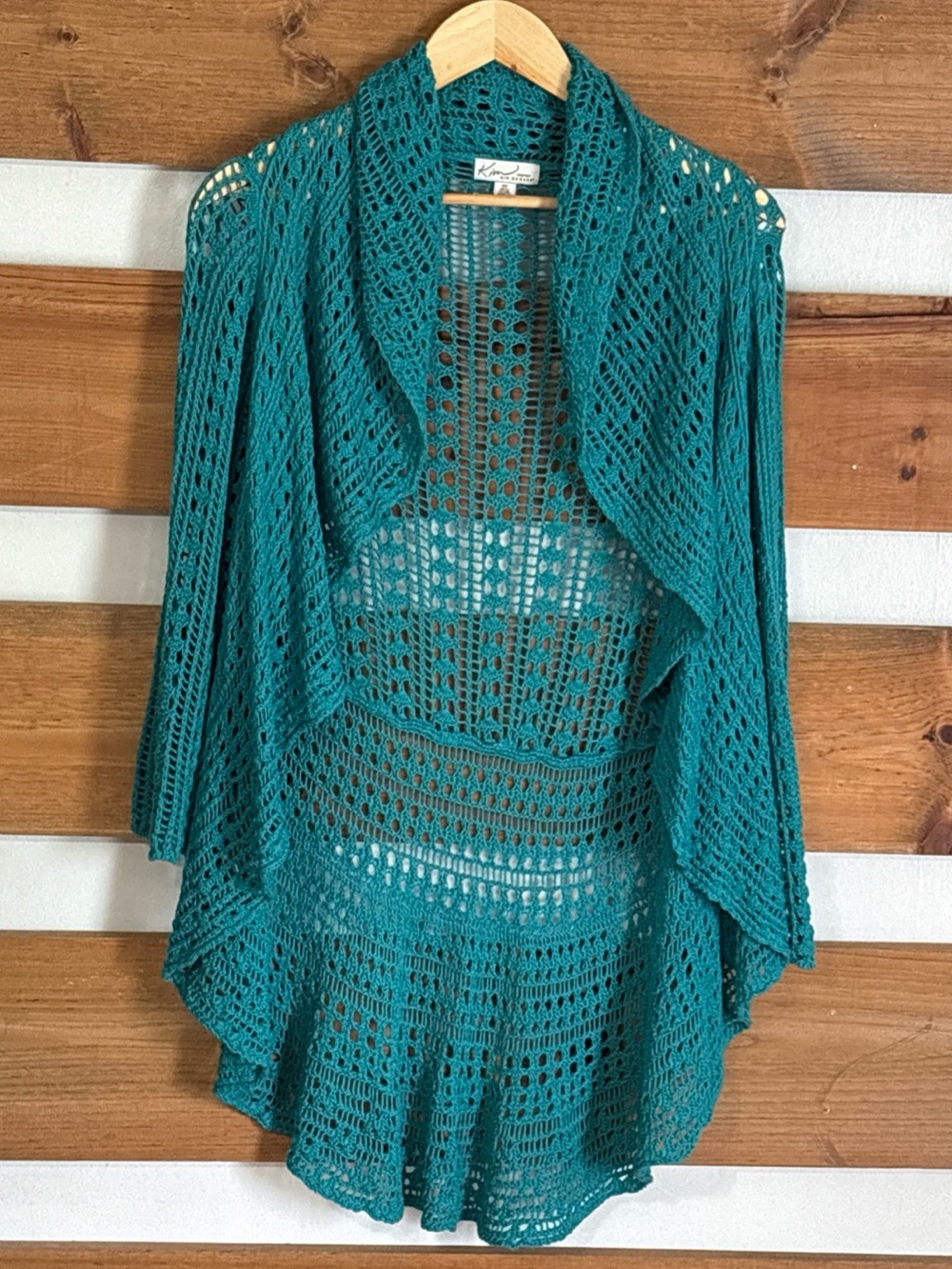 Kim Rogers Teal Loose Crochet Open Front Light/Flowy Cardigan Boho Chic Size 1X